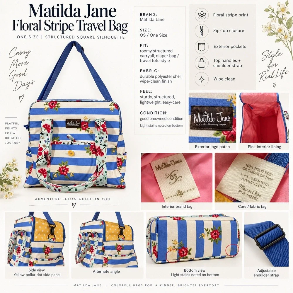 Matilda Jane Floral Diaper Bag Blue Stripe Polka Dot Travel Tote Cottagecore